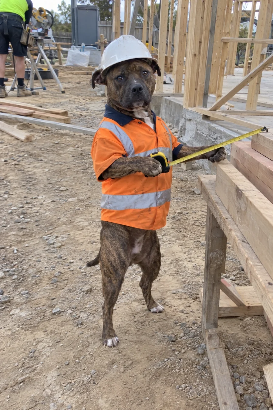 brindle staffy-type, Builder