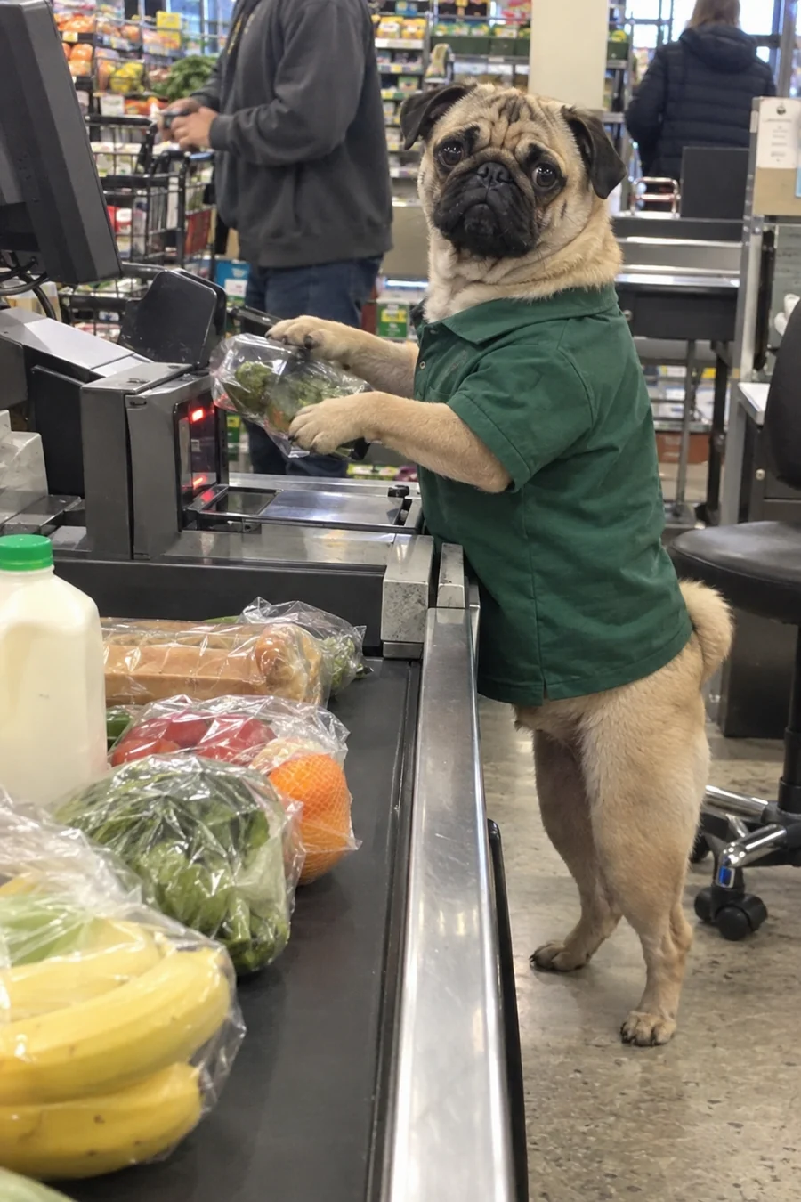 fawn pug, Supermarket cashier